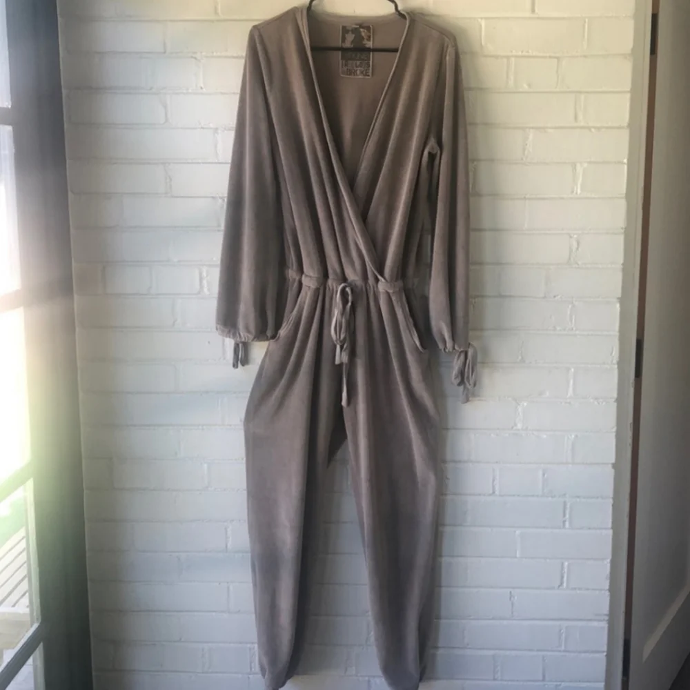 Lavender Gray Velour Lounge Jumpsuit XS - Young Fabulous Broke